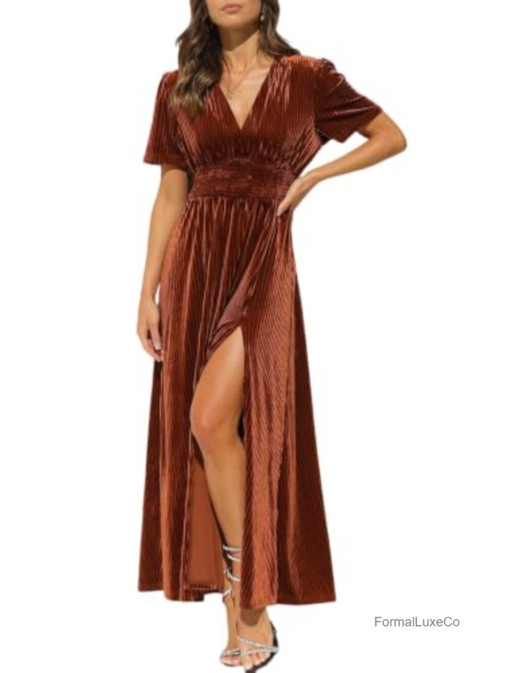 Velvet Maxi Dress Formal Wedding Guest V-Neck A-Line Long Sleeve